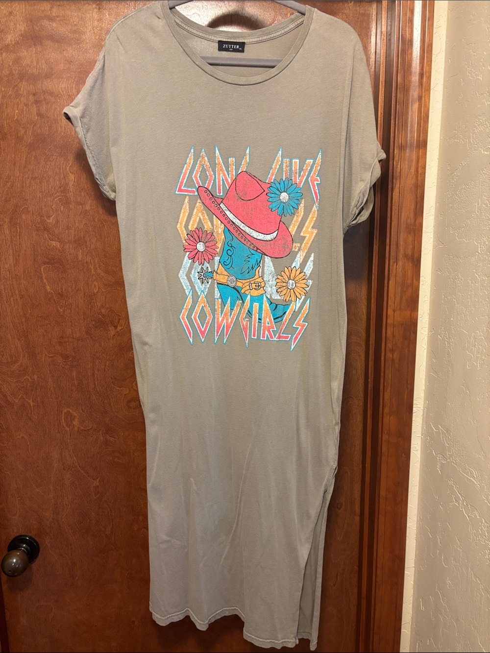 Graphic Cowgirl Maxi Tee Dress - Taupe with Pink & Teal Accents